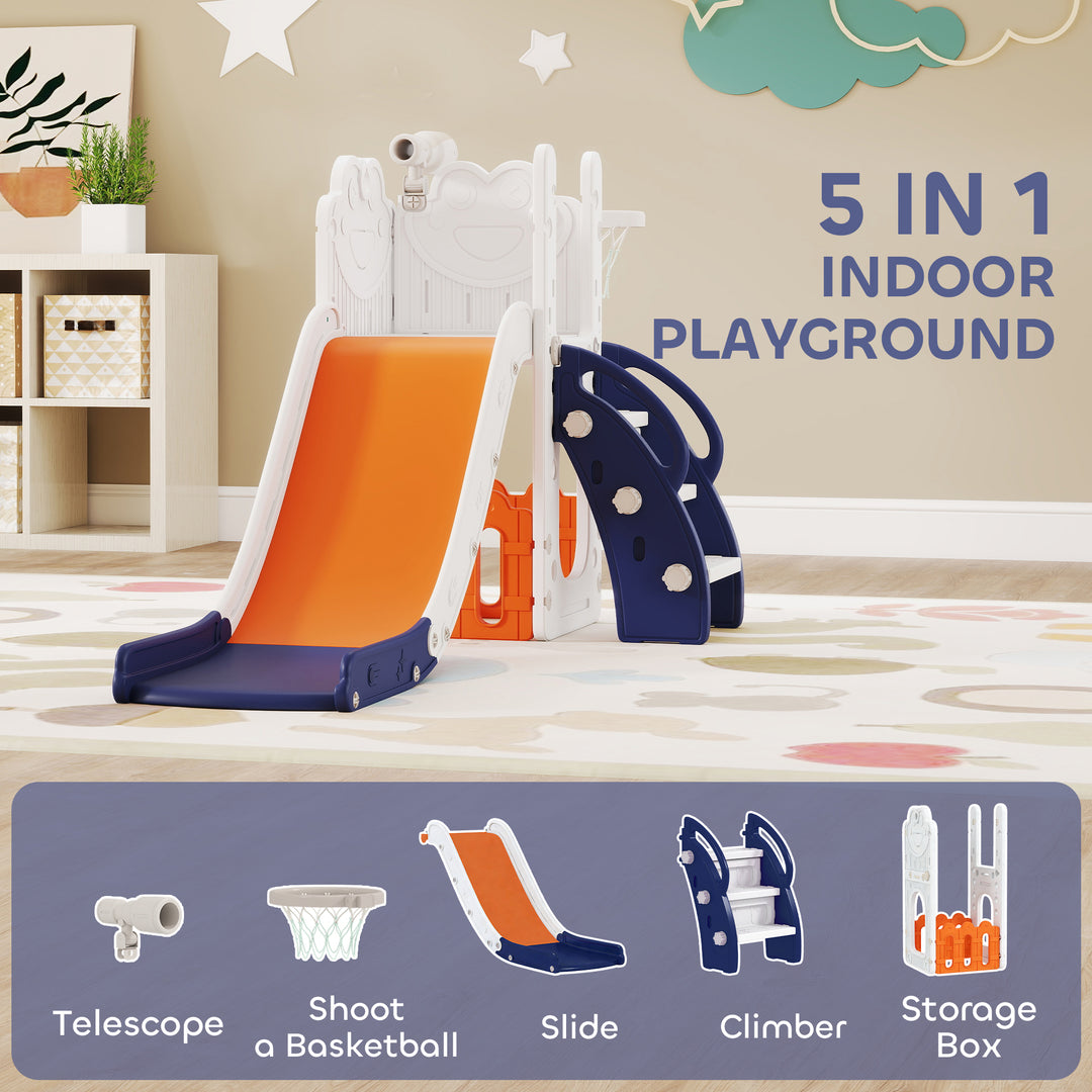 5 in 1 Kids Slide Set with Basketball Hoop, Climbing Frame, Telescope,