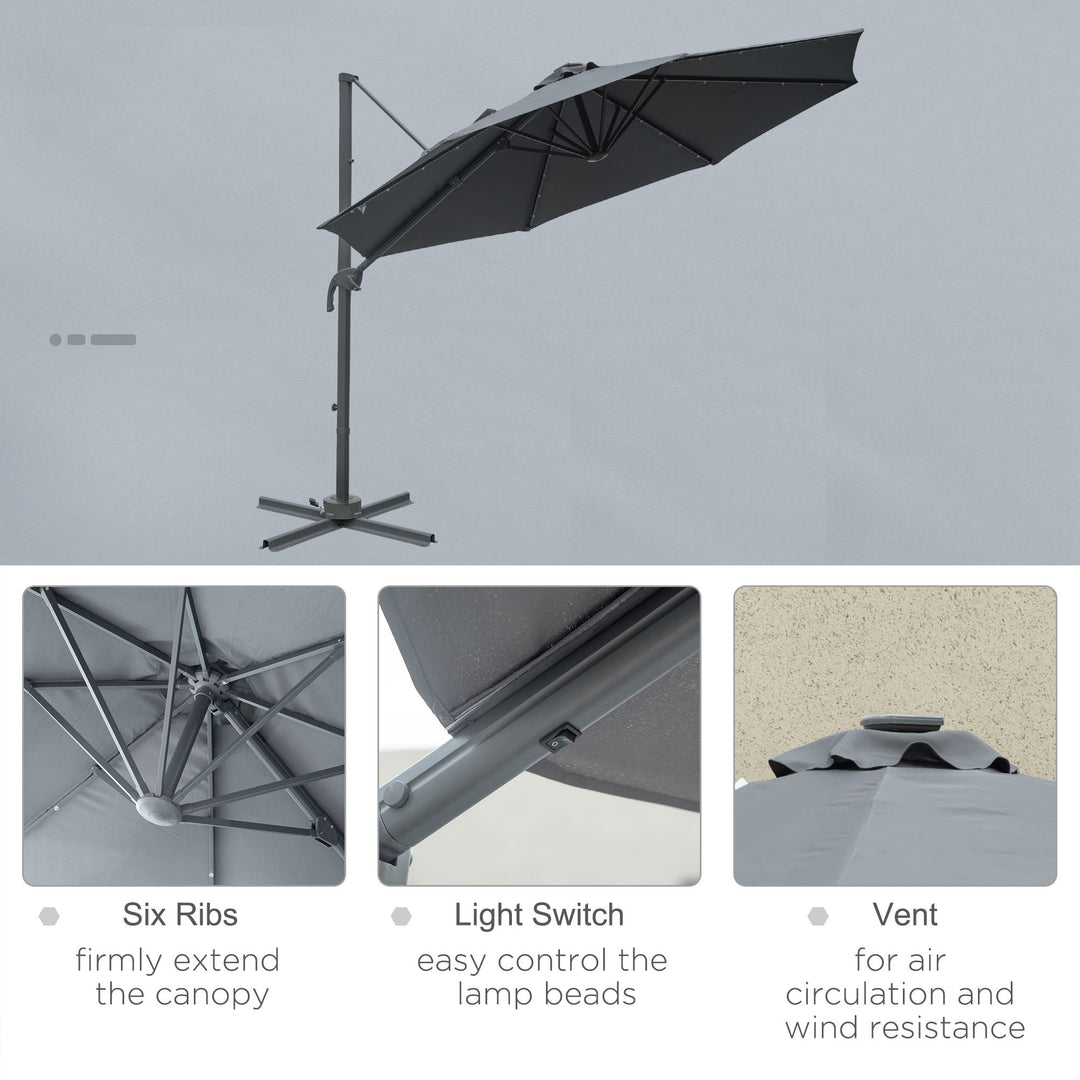 3(m) Cantilever Roma Parasol Patio Sun Umbrella with Crank & Tilt LED Solar Light Cross Base 360° Rotating Outdoor, Dark Grey