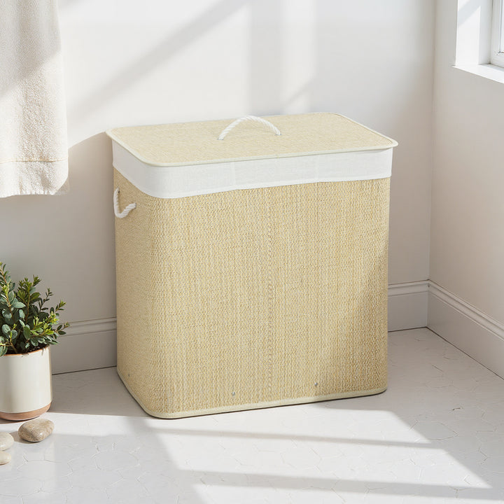 3 Section Laundry Basket with Lid, 144L Bamboo Laundry Hamper with Han
