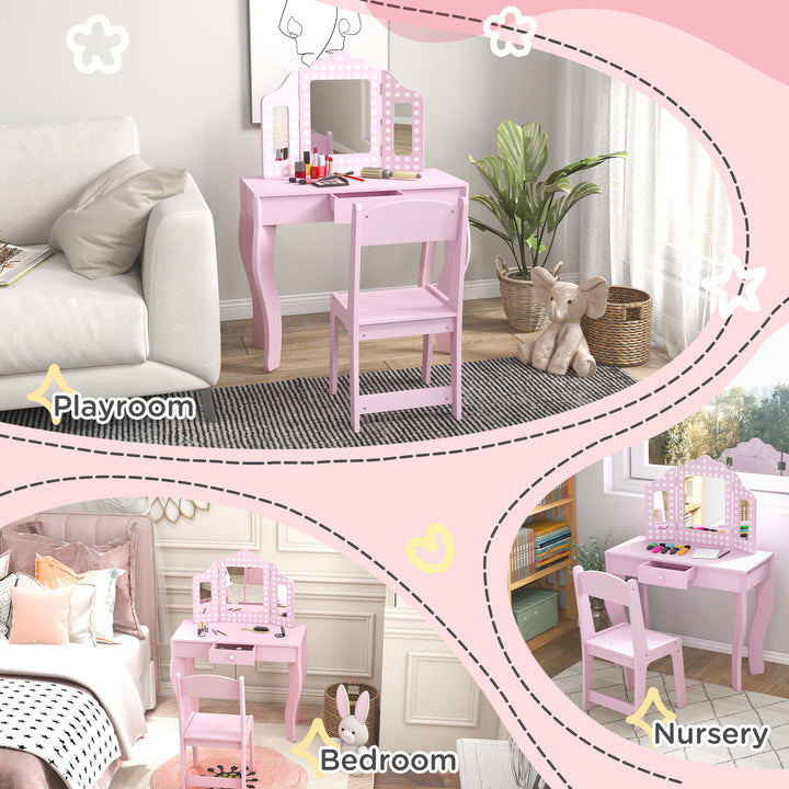 AIYAPLAY Kids Dressing Table Sets with Stool and Tri-Fold Mirror, Drawer for Playroom, Bedroom - Pink