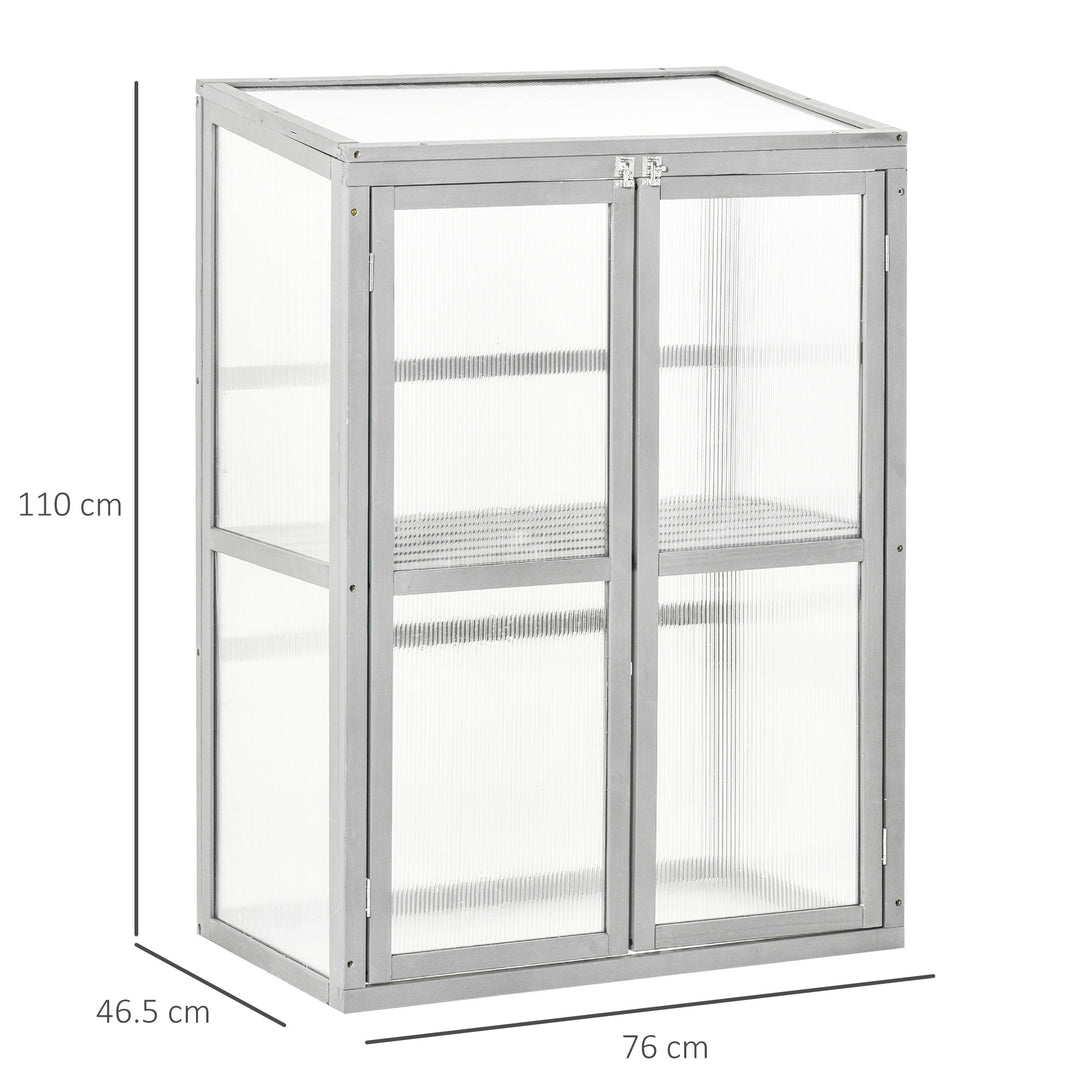 Wooden Cold Frame Greenhouse Polycarbonate Garden Grow House for Flower Vegetable Plants with Adjustable Shelf, Double Doors, 76 x 47 x 110cm, Light Grey