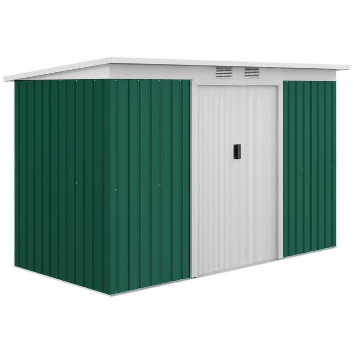 Outsunny 9ft x 4.25ft Corrugated Garden Metal Storage Shed Outdoor Equipment Tool Box with Foundation Ventilation & Doors Deep Green | Aosom UK