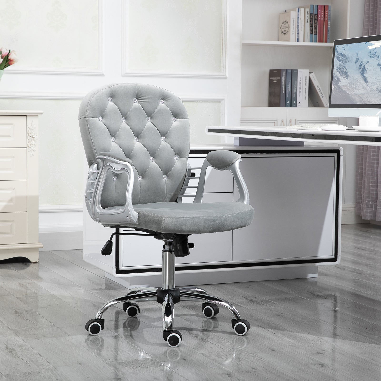 Office Chair, Swivel Desk Chair, Velvet Vanity Chair with Adjustable Height and Rolling Wheels for Home Work Study, Grey