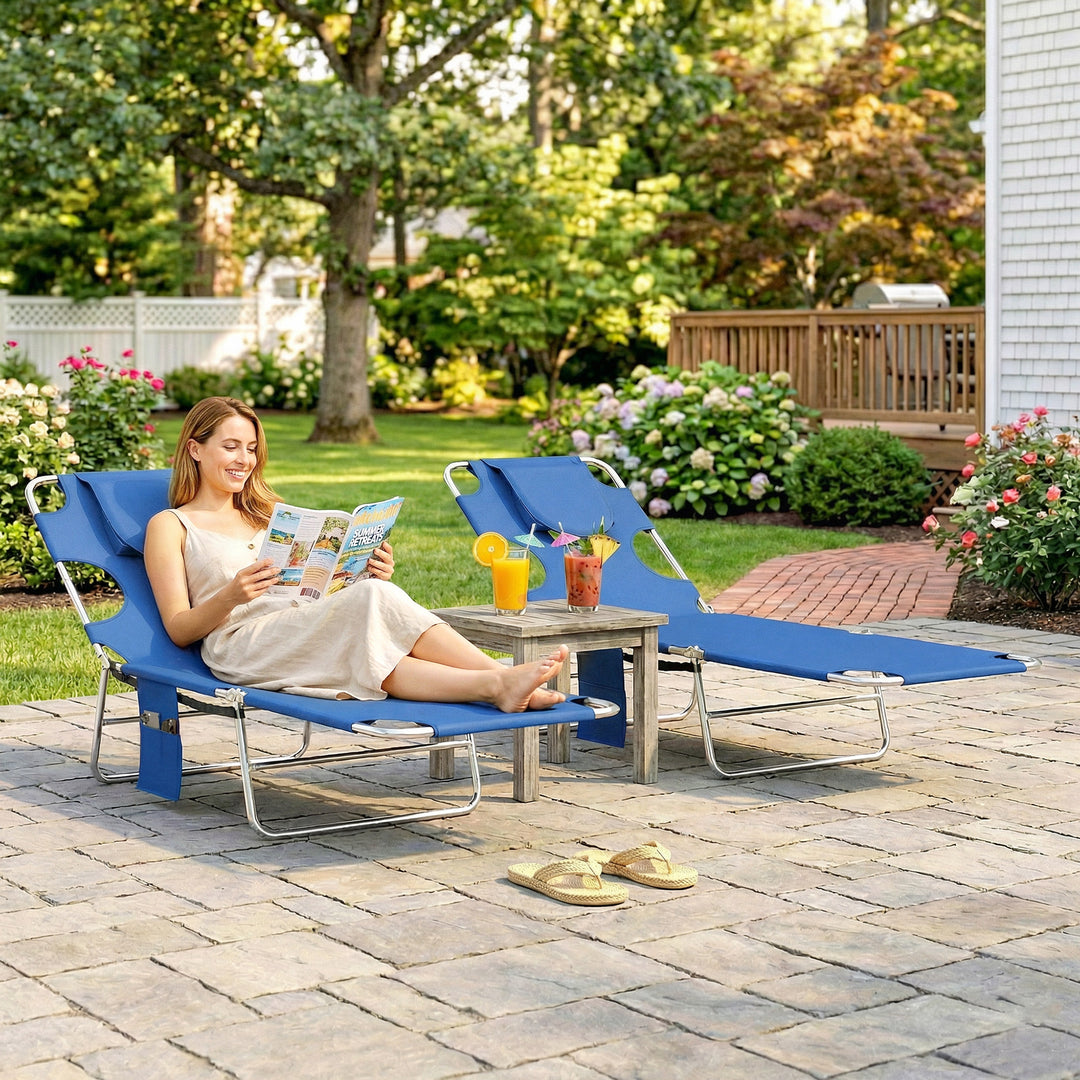 5-Position Adjustable Sun Loungers Set of 2 with Reading Hole and Side