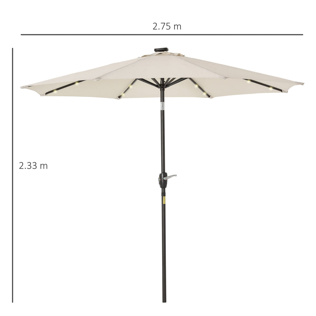 MCL 2.7m Garden 24 LED Light Parasol Solar Outdoor Tilt Sun Umbrella Patio Club Party Event Manual Sun Shade w/ Hand Crank and 8 Ribs, Off-white