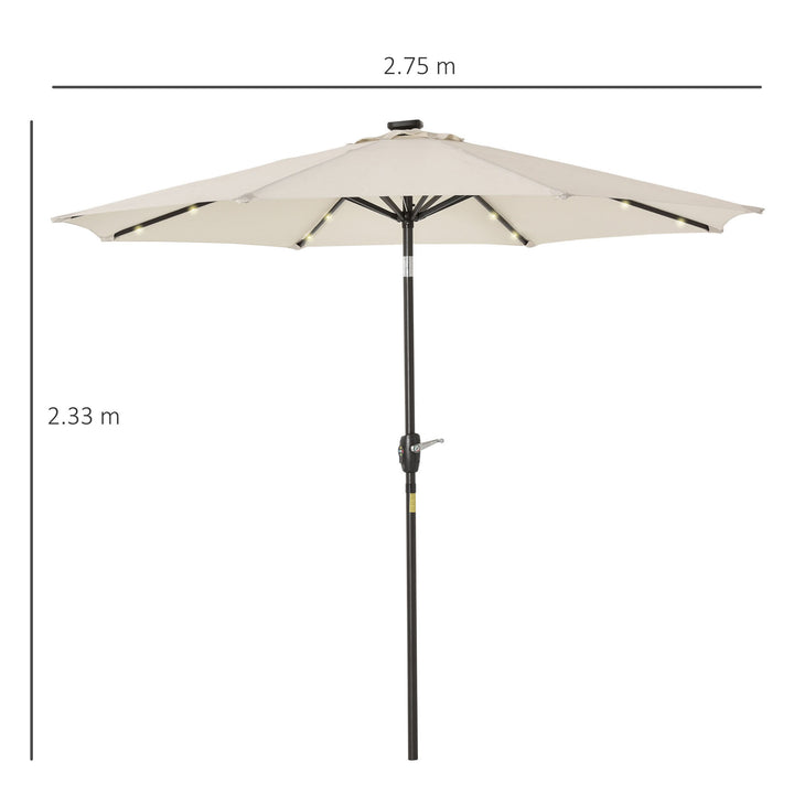 Φ2.7m Garden 24 LED Light Parasol Solar Outdoor Tilt Sun Umbrella Patio Club Party Event Manual Sun Shade w/ Hand Crank and 8 Ribs, Off-white