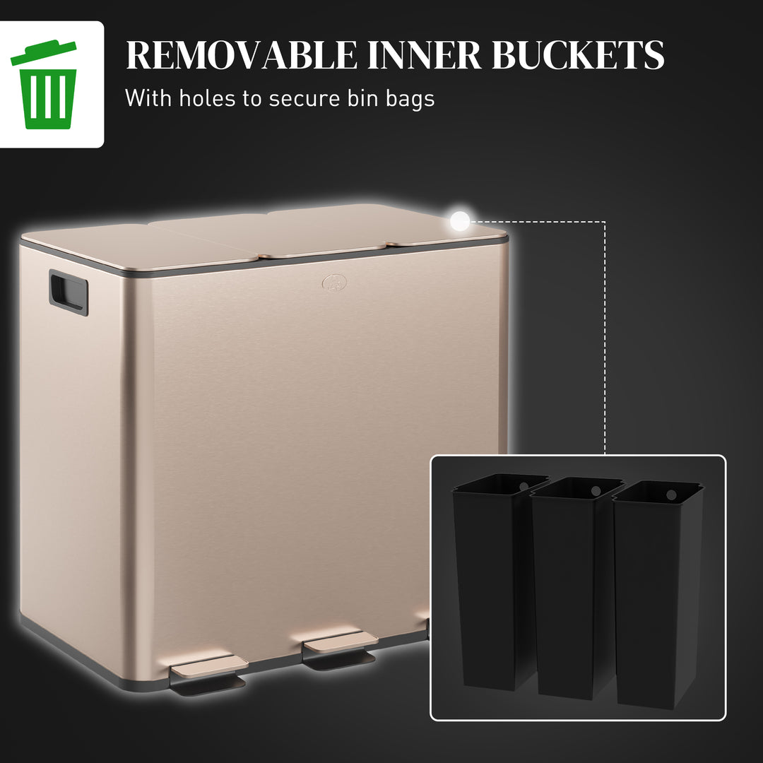 HOMCOM 3 x 15L Pedal Bin, Steel Triple Kitchen Bin with Soft Close Lid, Removable Inner Buckets, Fingerprint-Proof, Gold Tone