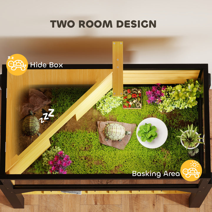 Wooden Tortoise House with Storage Shelf, Clear Observation Windows, Lamp Holder, Openable Top, Built-in Tray, Yellow