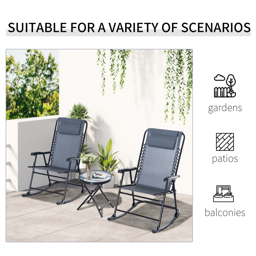 3 Piece Outdoor Rocking Set with 2 Folding Chairs and 1 Tempered Glass Table, Patio Bistro Set for Garden, Deck, Grey