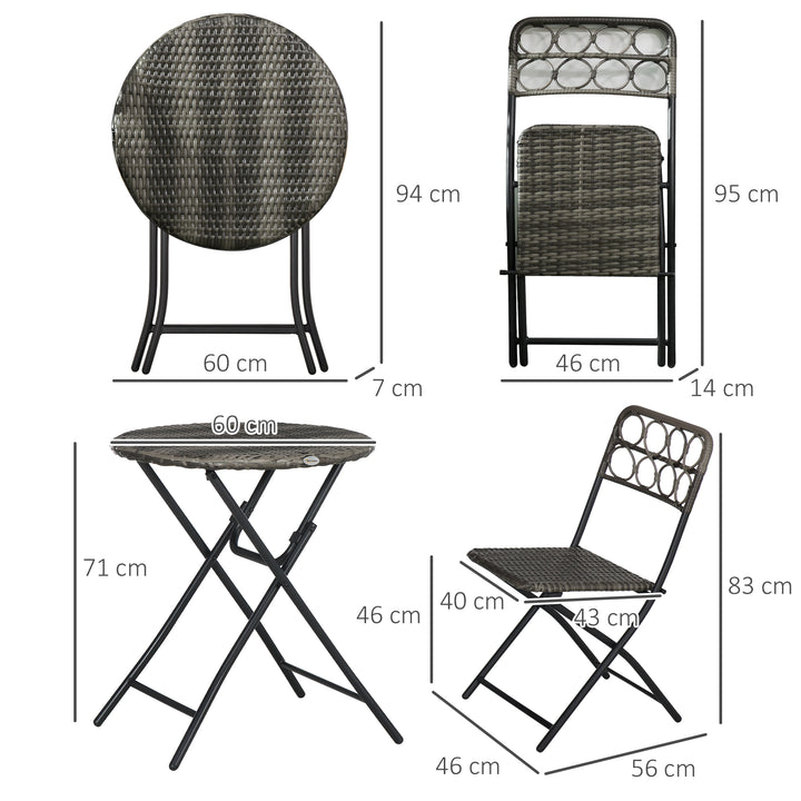 3 Pieces Rattan Bistro Set, Wicker Folding Garden Furniture Set with Coffee Table and Chairs for Outdoor, Patio, Balcony, Grey
