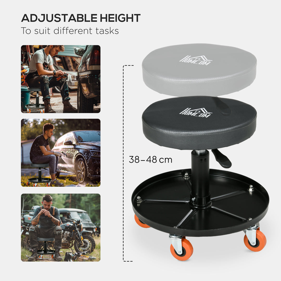 Workshop Stool, Pneumatic Adjustable Mechanic Stool, with Tool Tray, Wheels - Black