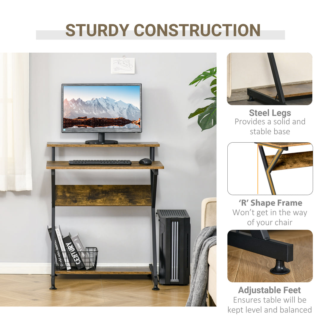 HOMCOM Computer Table with Monitor Shelf & Storage, Compact R-Shaped Workstation for Home Office, Study or Gaming, Rustic Brown | Aosom UK