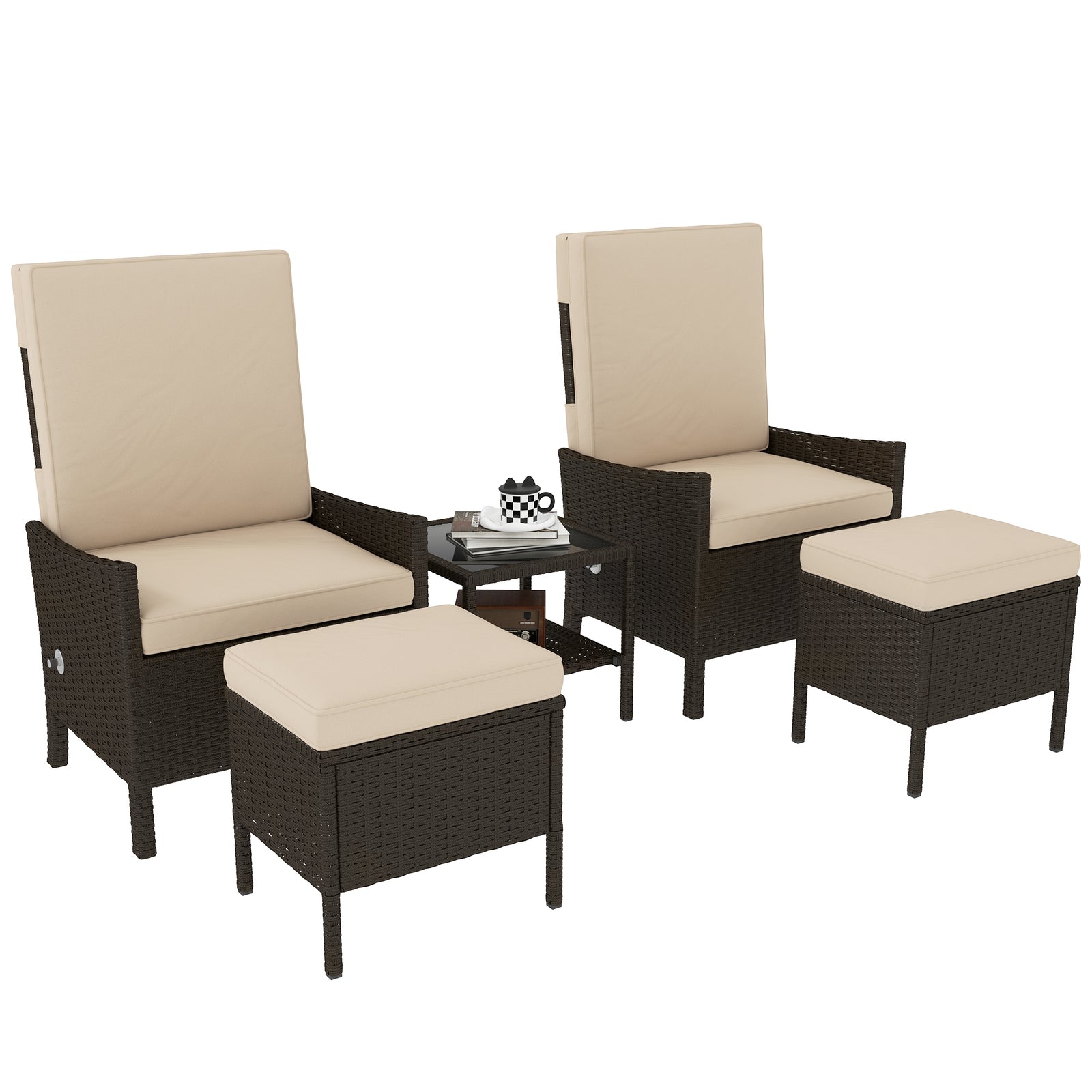 5 Piece Rattan Garden Furniture Set, Wicker Patio Sofa Set with 2 Armchairs, 2 Footstools, Glass Top Coffee Table with Shelf, Outdoor Furniture with Adjustable Backrests, Cushions, Khaki