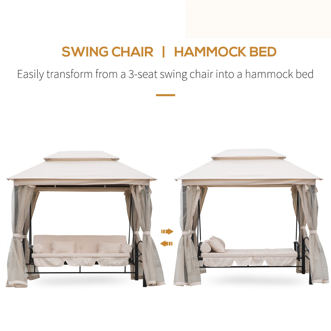 2-in-1 Convertible Gazebo Swing Chair Bed W/Netting, 245Lx165Wx243H cm-Beige/Black