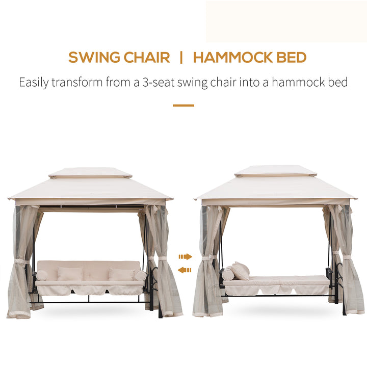 2-in-1 Convertible Gazebo Swing Chair Bed W/Netting, 245Lx165Wx243H cm-Beige/Black