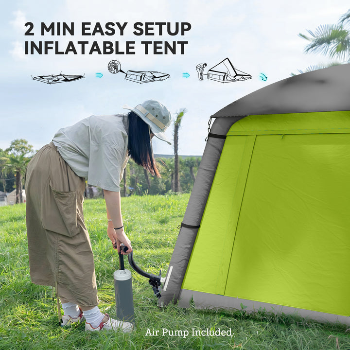Inflatable Camping Tent w/ Hand Pump, Easy Setup 1/2 Person Blow Up Tent Waterproof 190T Taffeta w/ Mesh Windows, Doors and Carry Bag, Green