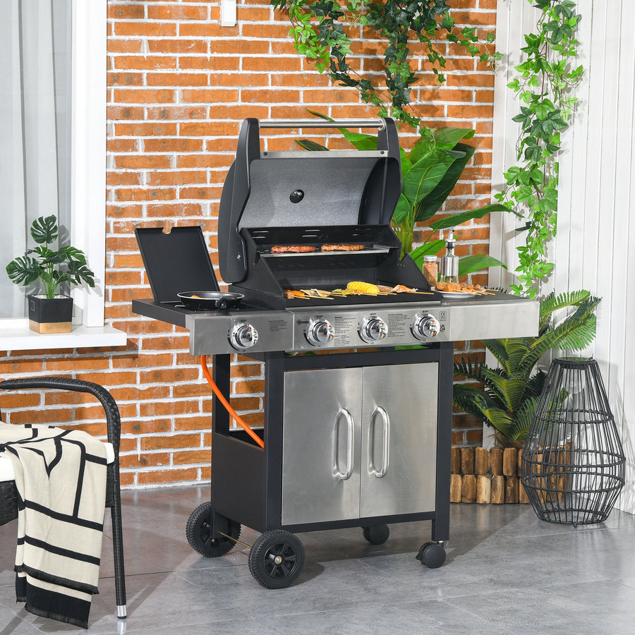 Gas Barbecue Grill 3+1 Burner Garden Smoker BBQ Trolley w/ Side Burner Warming Rack Side Shelves Storage Cabinet Piezo Ignition Thermometer Stainless Steel + Metal