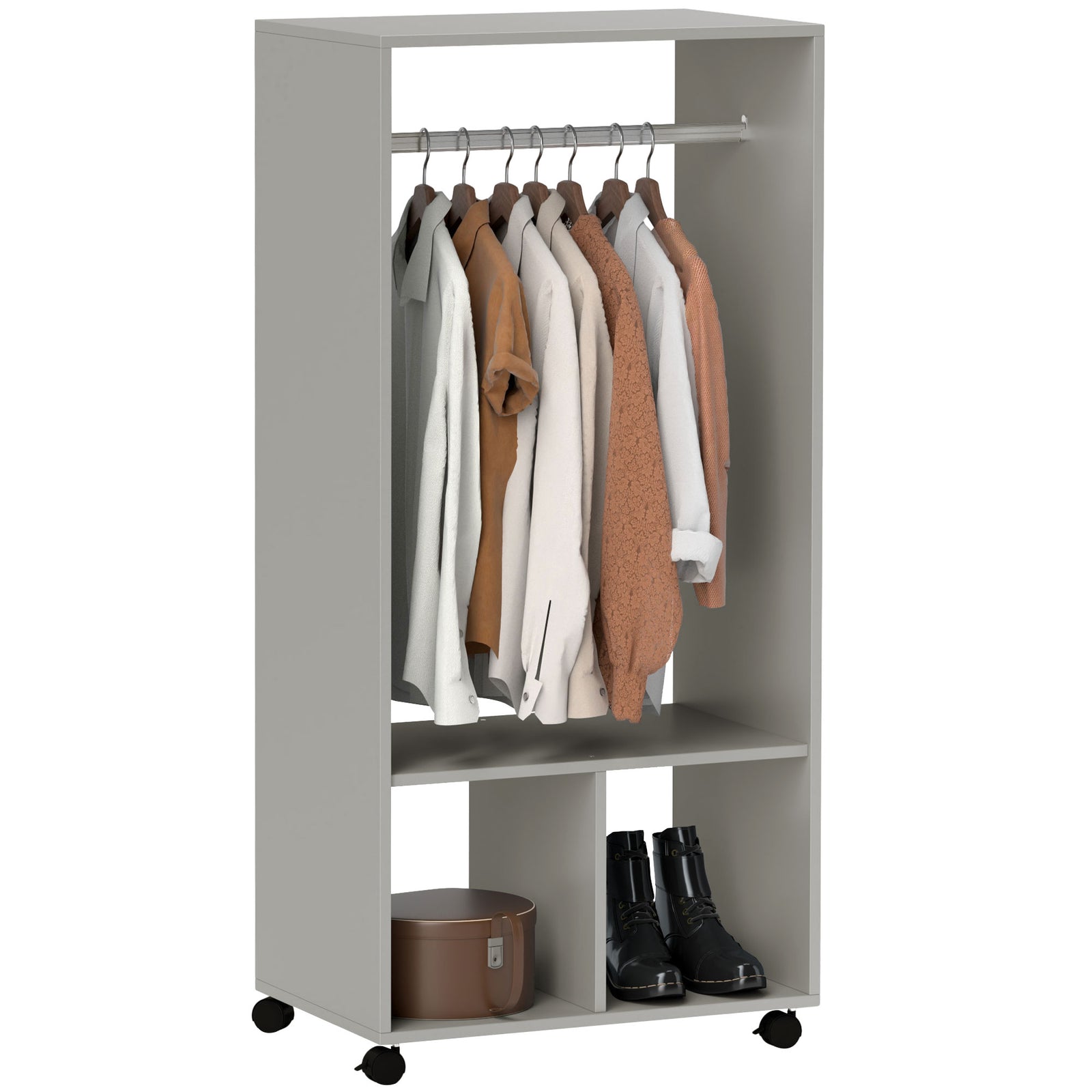 Open Wardrobe on Wheels, Bedroom Wardrobe with Clothes Hanging Rail, 2 Storage Shelves, Mobile Garment Rack for Cloakroom, Hallway, Grey