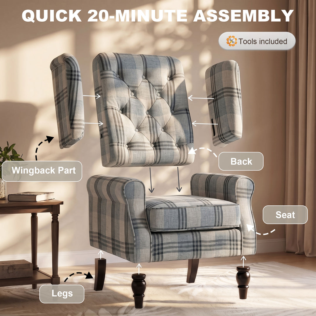 Faux Linen Armchair with Thick Spring Cushion, Wingback Accent Chair w