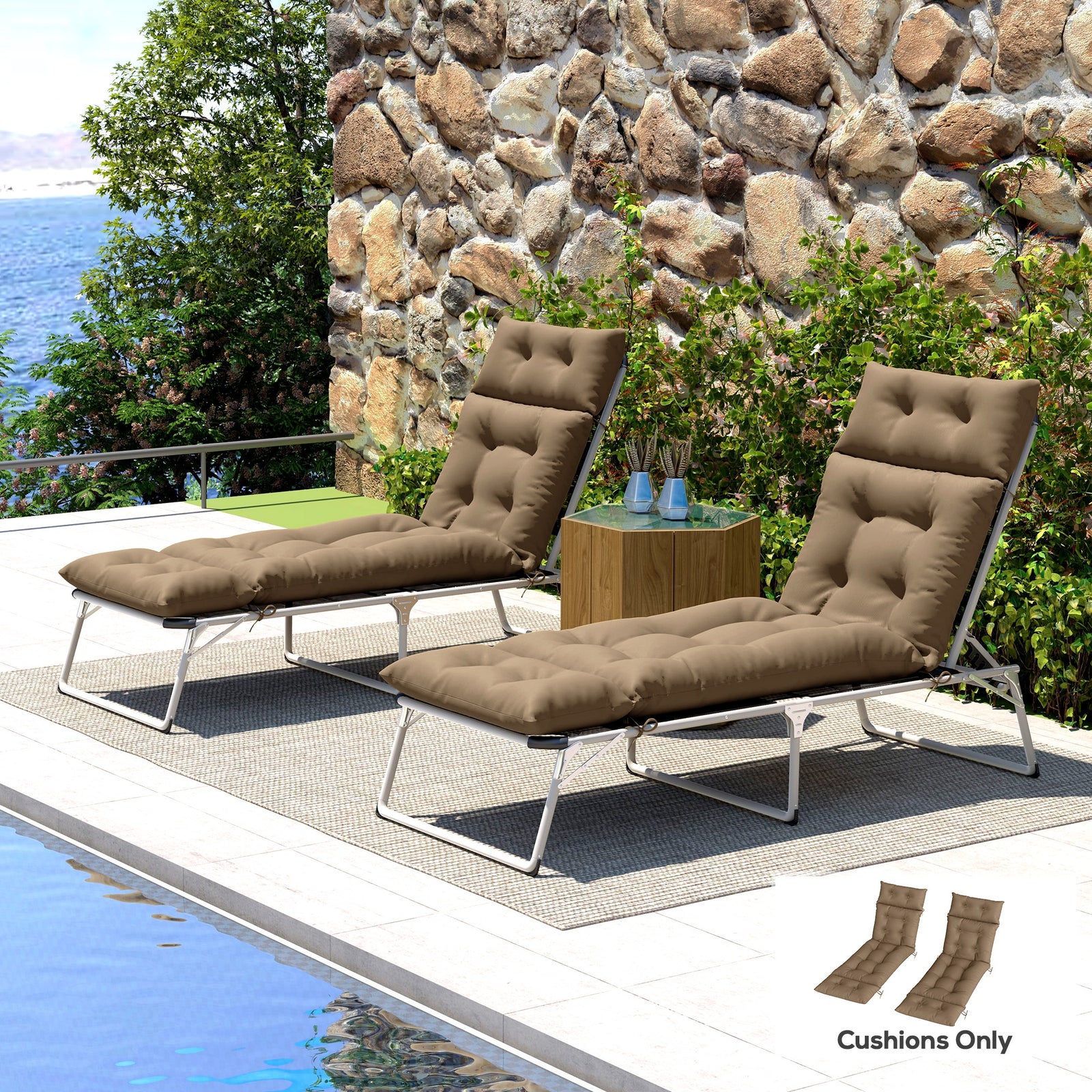 Set of Two 190 x 56cm Sun Lounger Cushions - Khaki