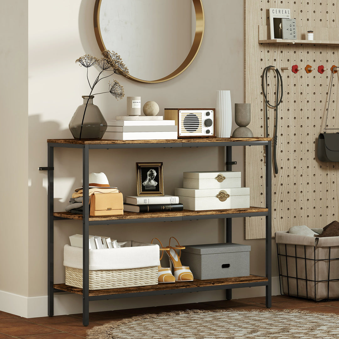3-Tier Console Table with Storage Shelves - Rustic Brown