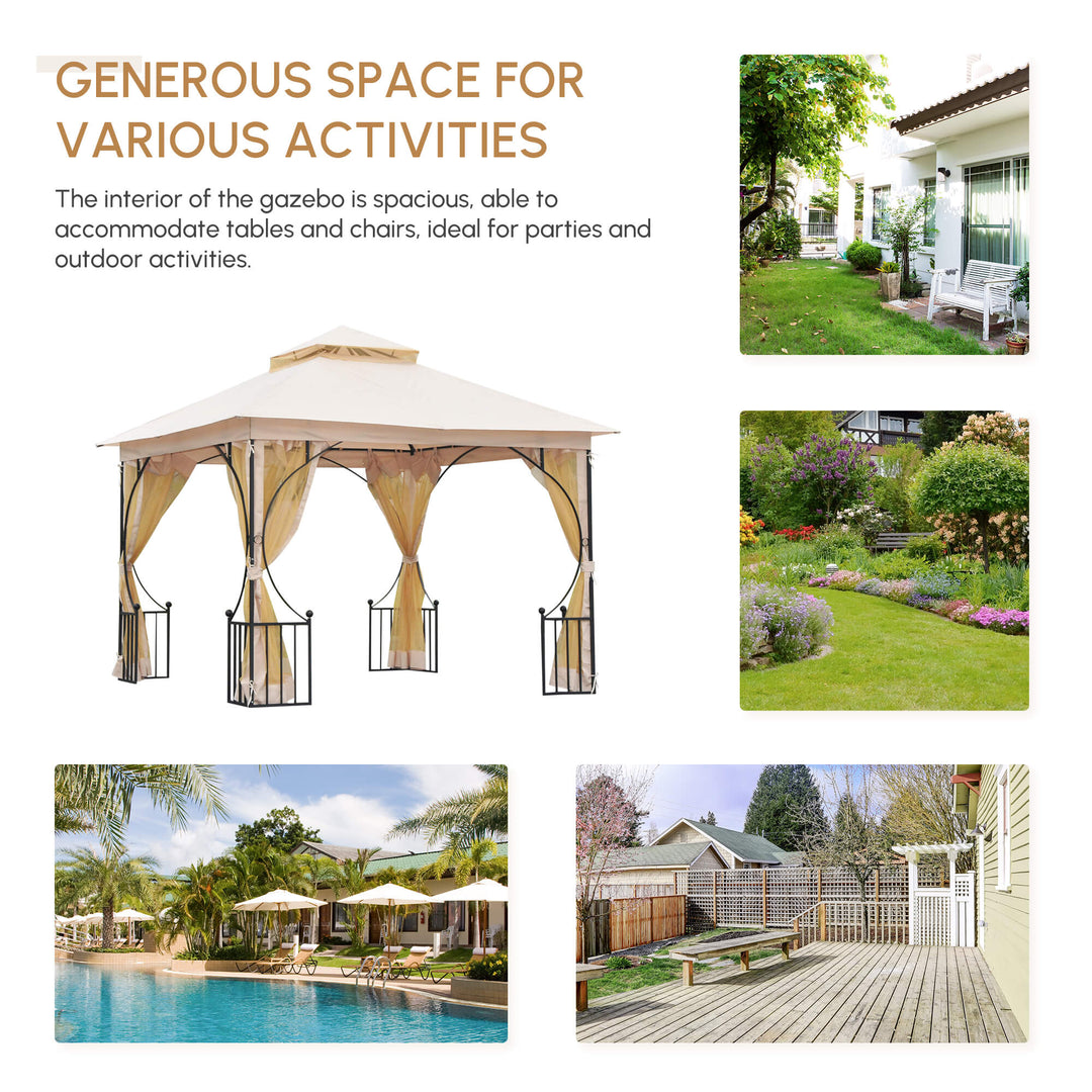3 x 3(m) Garden Gazebo Patio Party Tent Shelter Outdoor Canopy Double Tier Sun Shade Metal Frame Netting, Beige
