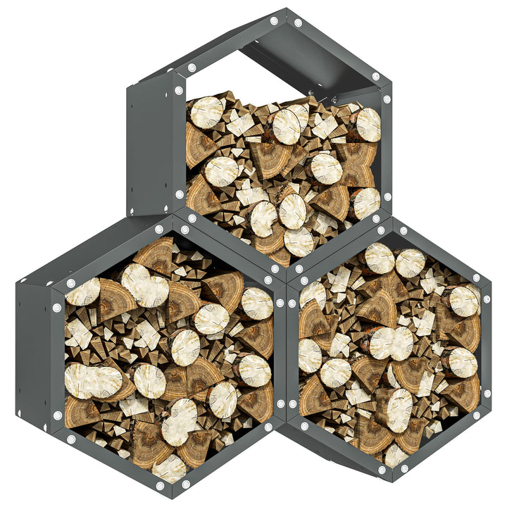 Outsunny Three-Shelf Hexagon Metal Firewood Rack - Grey | Aosom UK