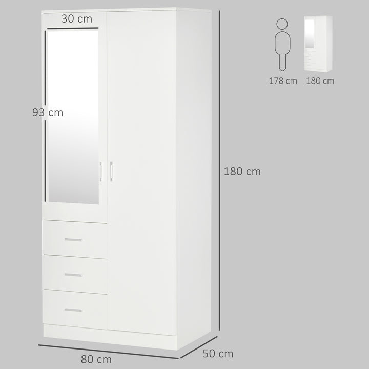 2 Door 3 Drawer Mirrored Wardrobe with Hanging Rail, Modern Clothes St