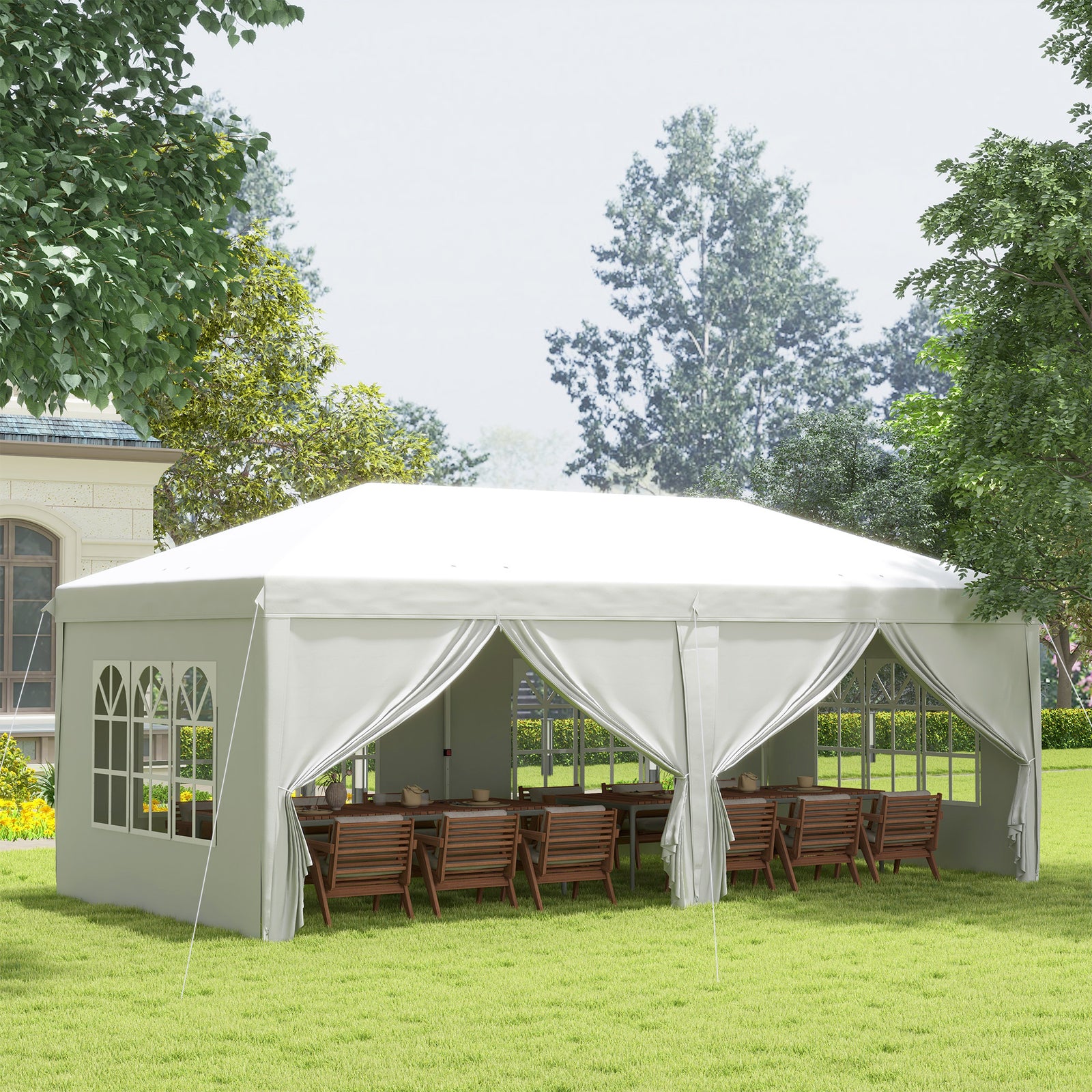 3 x 6 m Garden Pop Up Gazebo, Wedding Party Tent Marquee, Water Resistant Awning Canopy with Sidewalls, Windows, Carry Bag, White