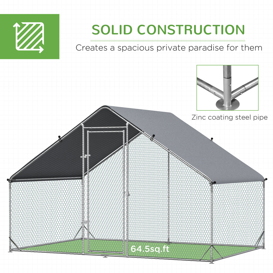 PawHut Walk-In Chicken Run, Galvanized Chicken Coop Hen Poultry House Cage Rabbit Hutch Pet Playpen Backyard w/ Water-Resist Cover, 3 x 2 x 2m