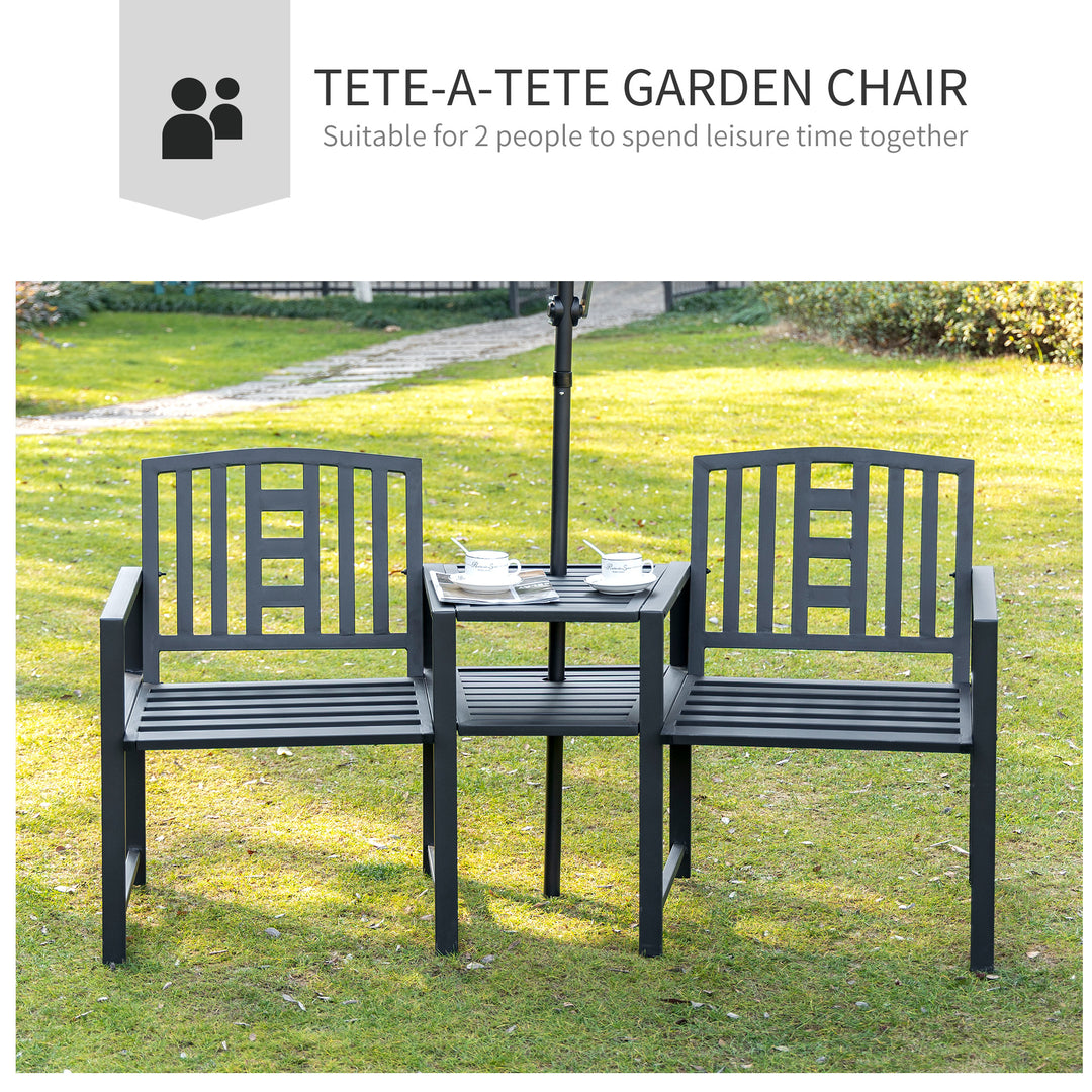 2 Seat Garden Chair Bench Loveseats Jack and Jill Seat w/Coffee Table Slatted Design Patio Yard