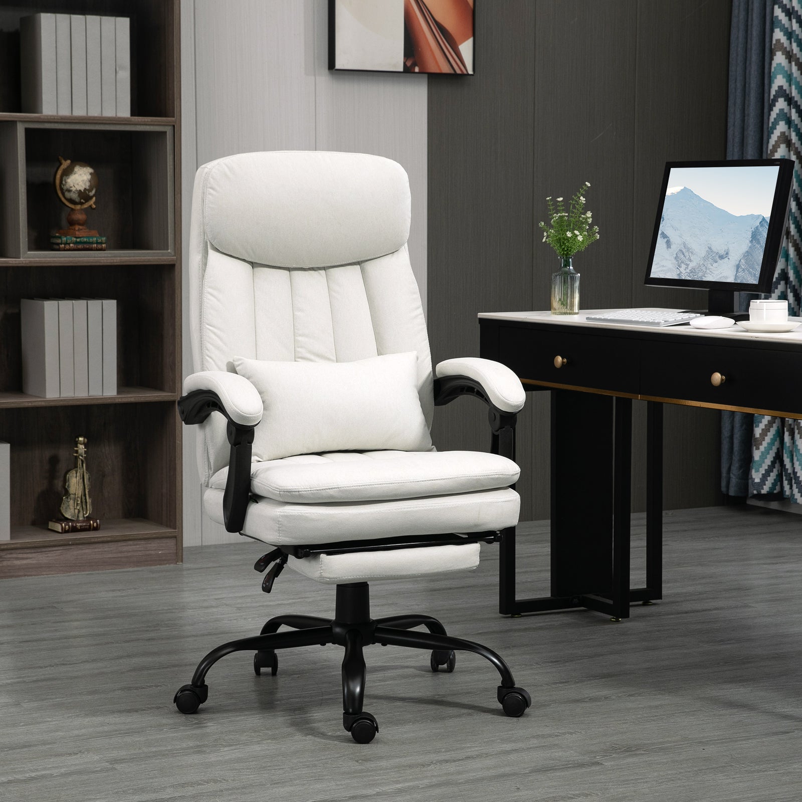 Office Chair, Ergonomic Desk Chair with 6-Point Vibration Massage and Lumbar Heating, Computer Chair with Lumbar Support Pillow, 155° Reclining Back and Footrest, Cream White