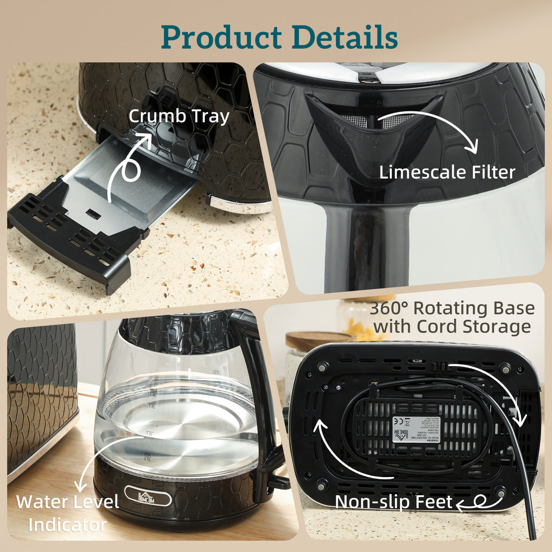 Kettle and Toaster Set, 1.7L 3000W Rapid Kettle with Limescale Filter, 2 Slice Toaster with 7 Browning Controls