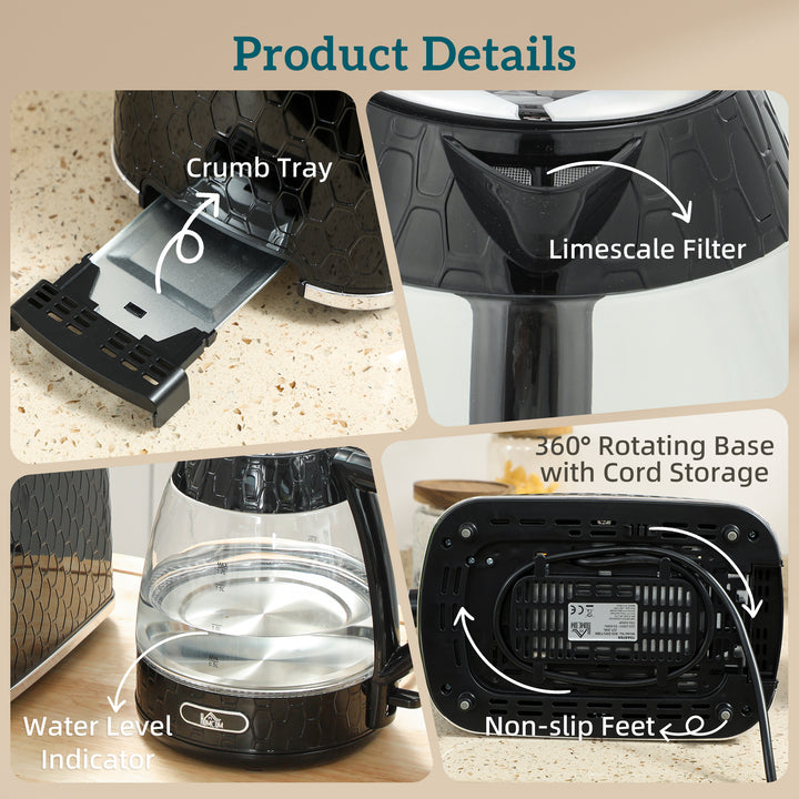 Kettle and Toaster Set, 1.7L 3000W Rapid Kettle with Limescale Filter, 2 Slice Toaster with 7 Browning Controls