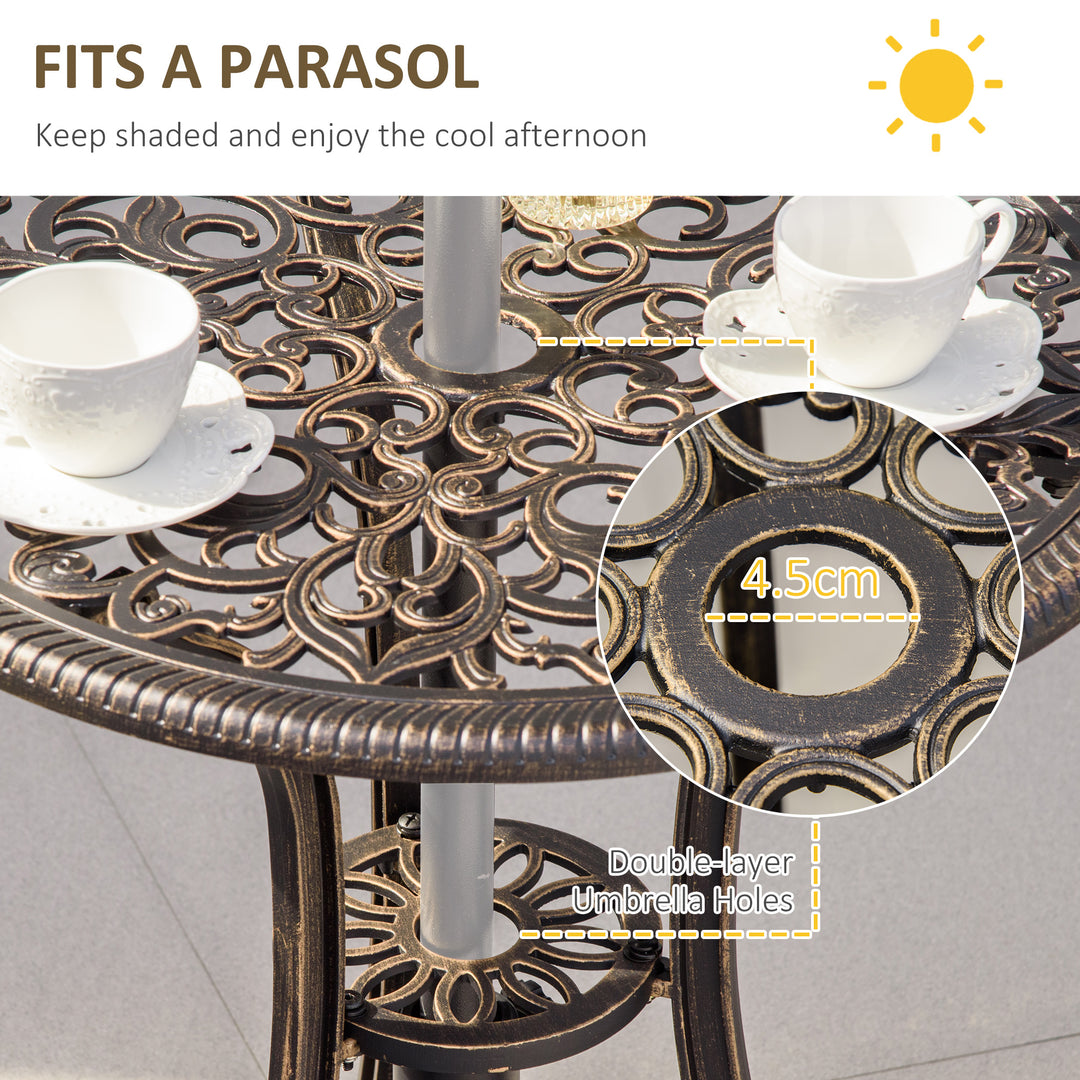 Outsunny 3 Piece Cast Aluminium Garden Bistro Set for 2 with Parasol Hole, Outdoor Coffee Table Set with Cushions