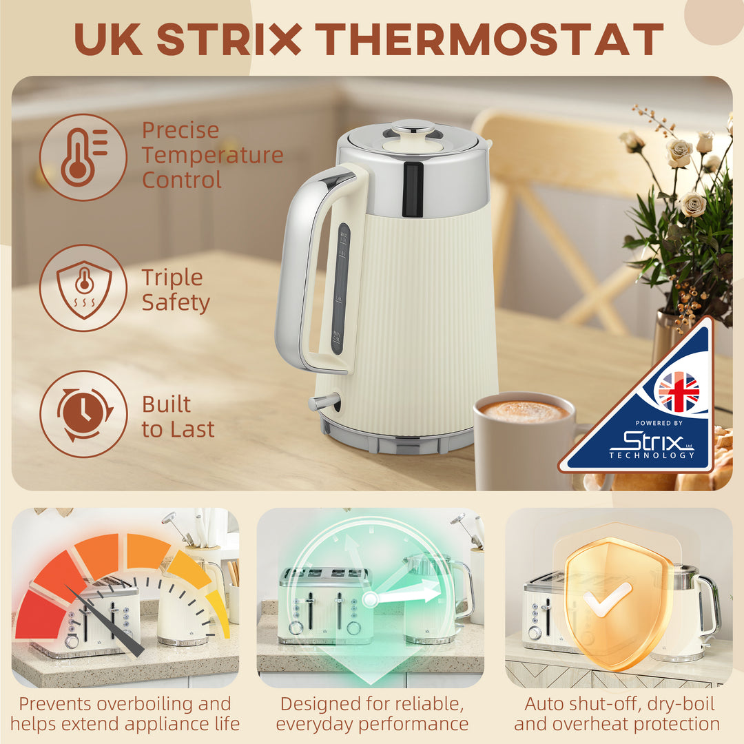 Electric Kettle and Toaster Set, 3000W 1.7L UK Strix Thermostat Rapid Boil Jug Kettle with Limescale Filter, Cool Touch Body, 4 Slice Toaster with 7 Browning Controls, Crumb Tray, Cream