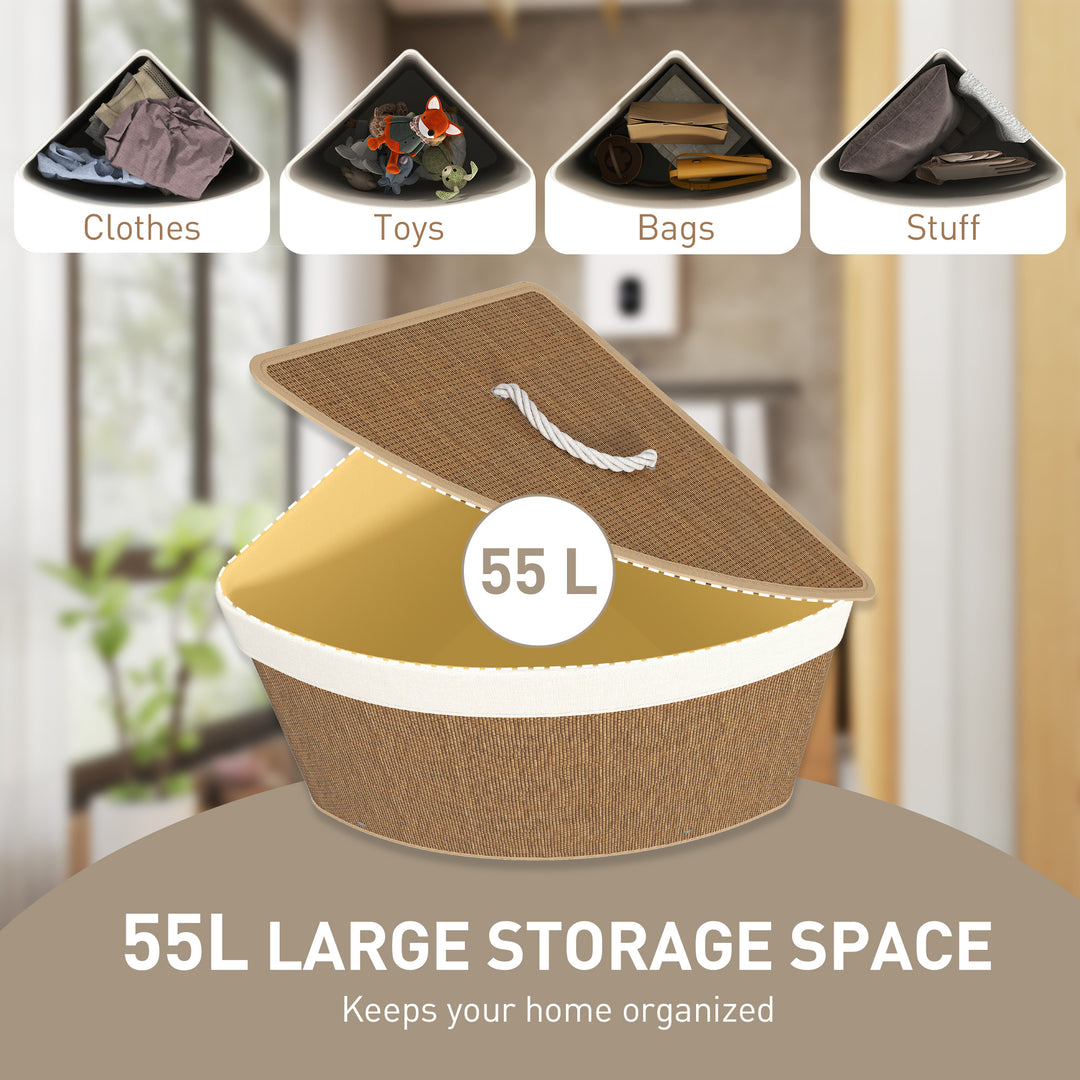 Bamboo Laundry Basket with Lid, 55L Corner Laundry Hamper with Removable Washable Liner Bag, Bathroom Triangle Washing Basket, 35 x 35 x 60 cm, Brown