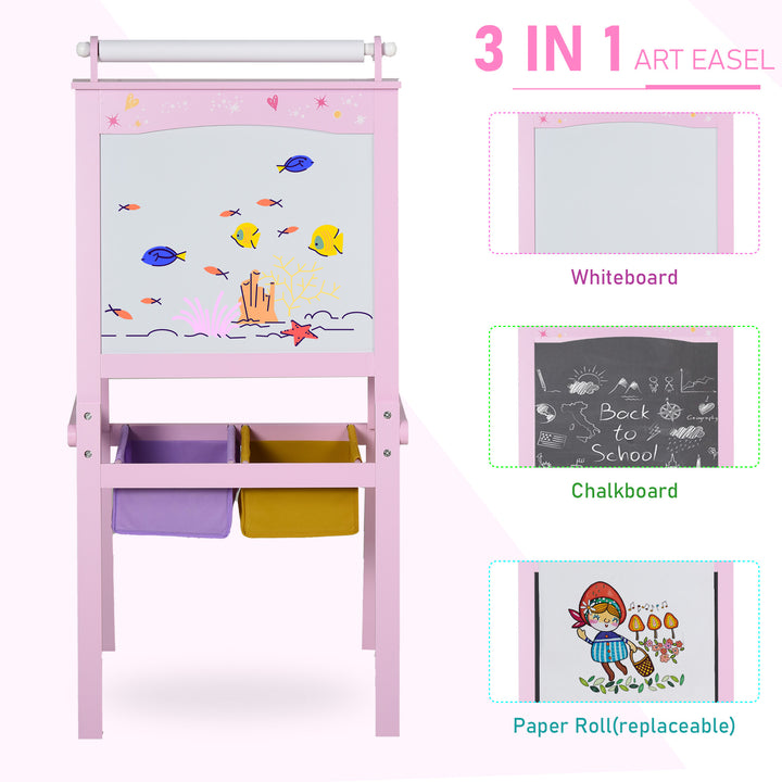 MCL Kids Easel 3 in 1 Wooden Art Easel with Paper Roll Double-Sided Chalkboard & Whiteboard with Storage Baskets for Toddler Girls, Pink