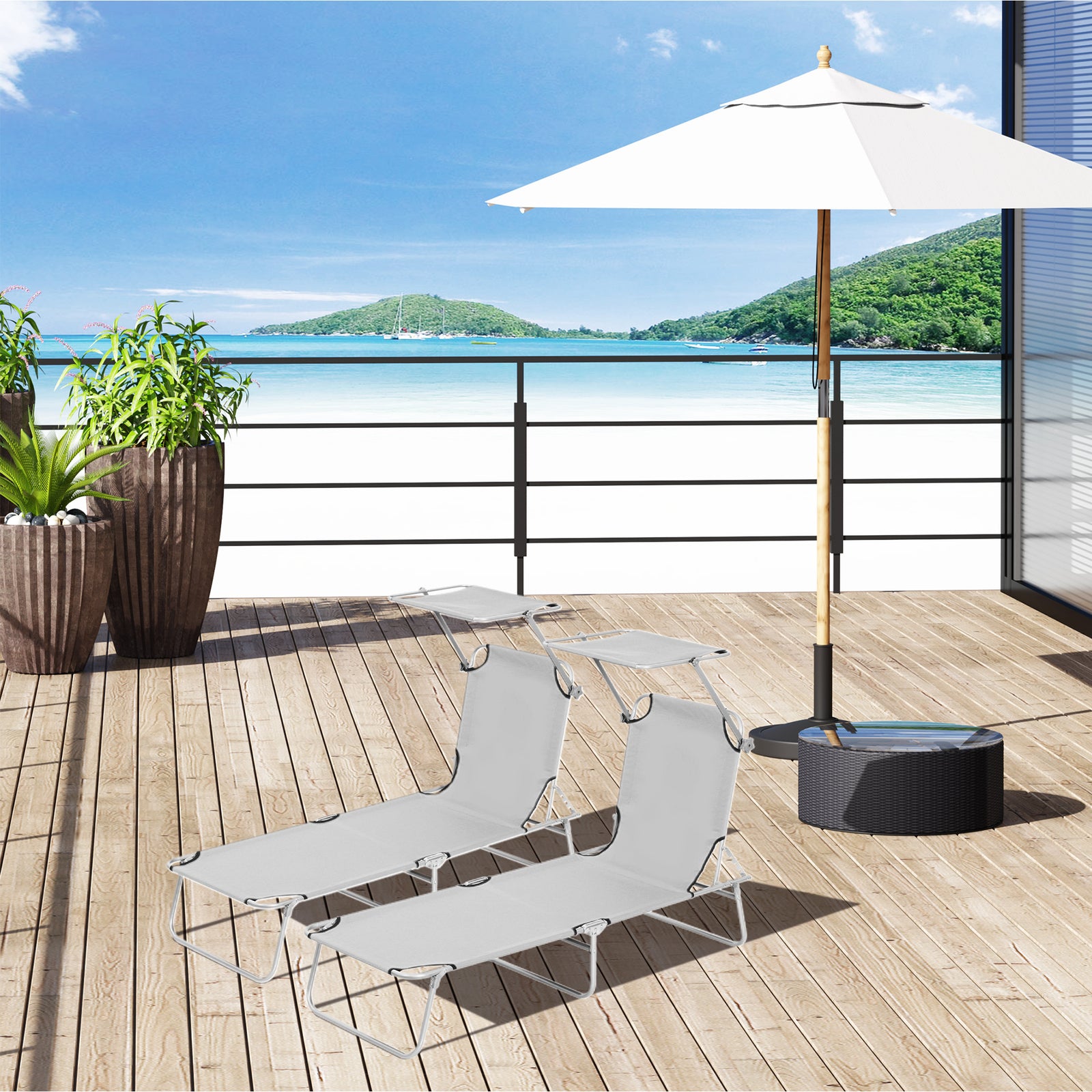2 Pieces Outdoor Foldable Sun Lounger, 4 Level Adjustable Backrest Reclining Sun Lounger Chair with Angle Adjust Sun Shade Awning for Beach, Garden, Patio, Light Grey