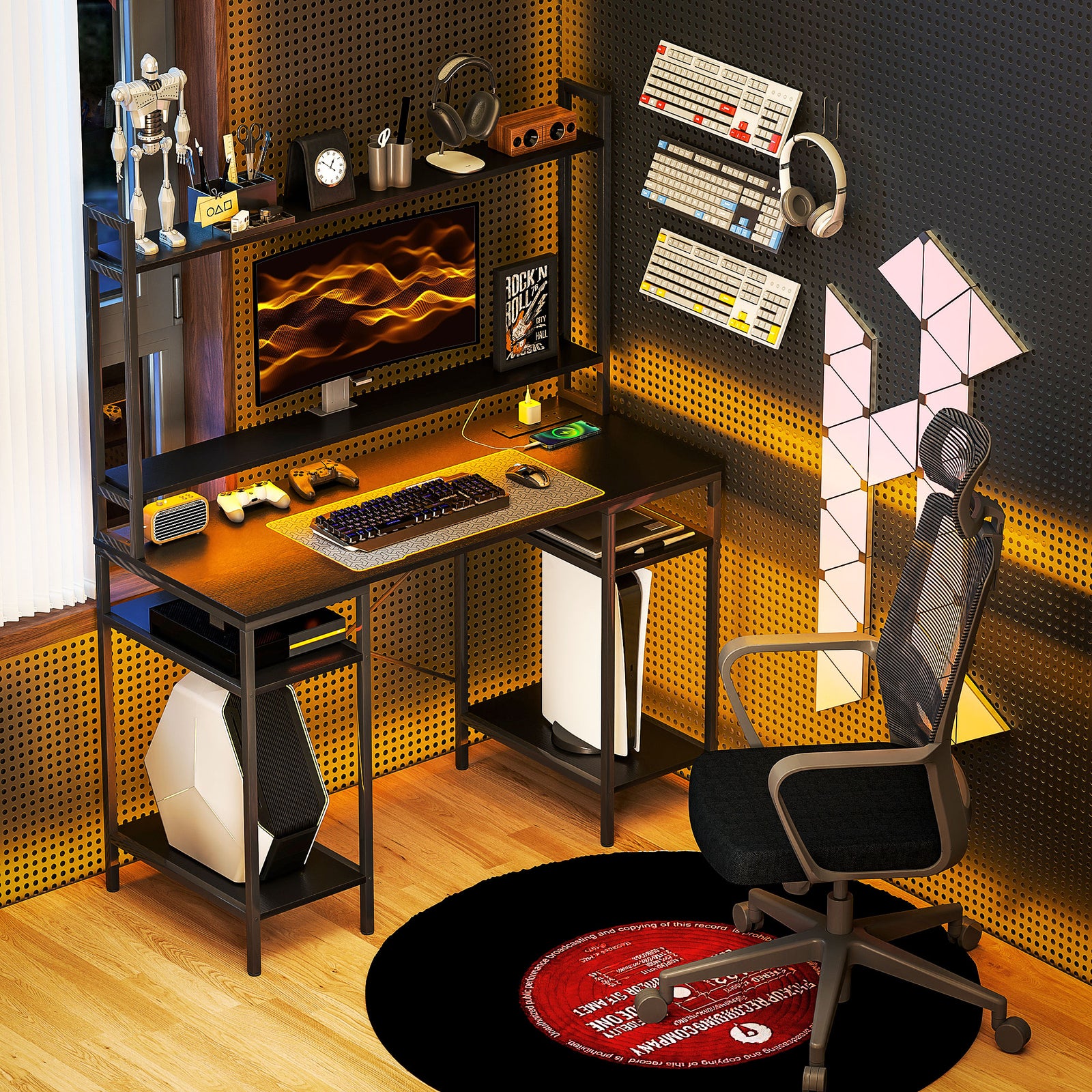 Computer Desk with Power Outlets and LED Lights, Home Office Desk with Monitor Stand, 2 CPU Stands and Storage Shelves, Study Table Gaming Desk with Hutch, Black