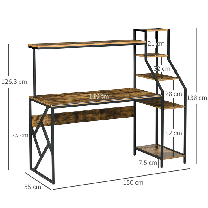 Computer Desk with Bookshelf, Industrial Writing Table with 6 Tier Storage Shelves for Home Office, Bedroom, Study, 150 x 55 x 138cm, Rustic Brown