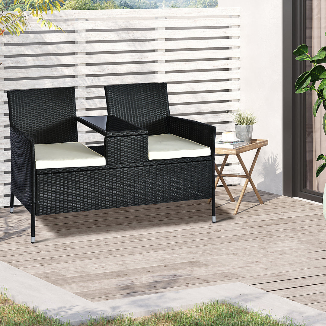 MCL 2 Seater Rattan Campanion Chair Wicker Loveseat Outdoor Patio Armchair with Drink Table Garden Furniture - Black