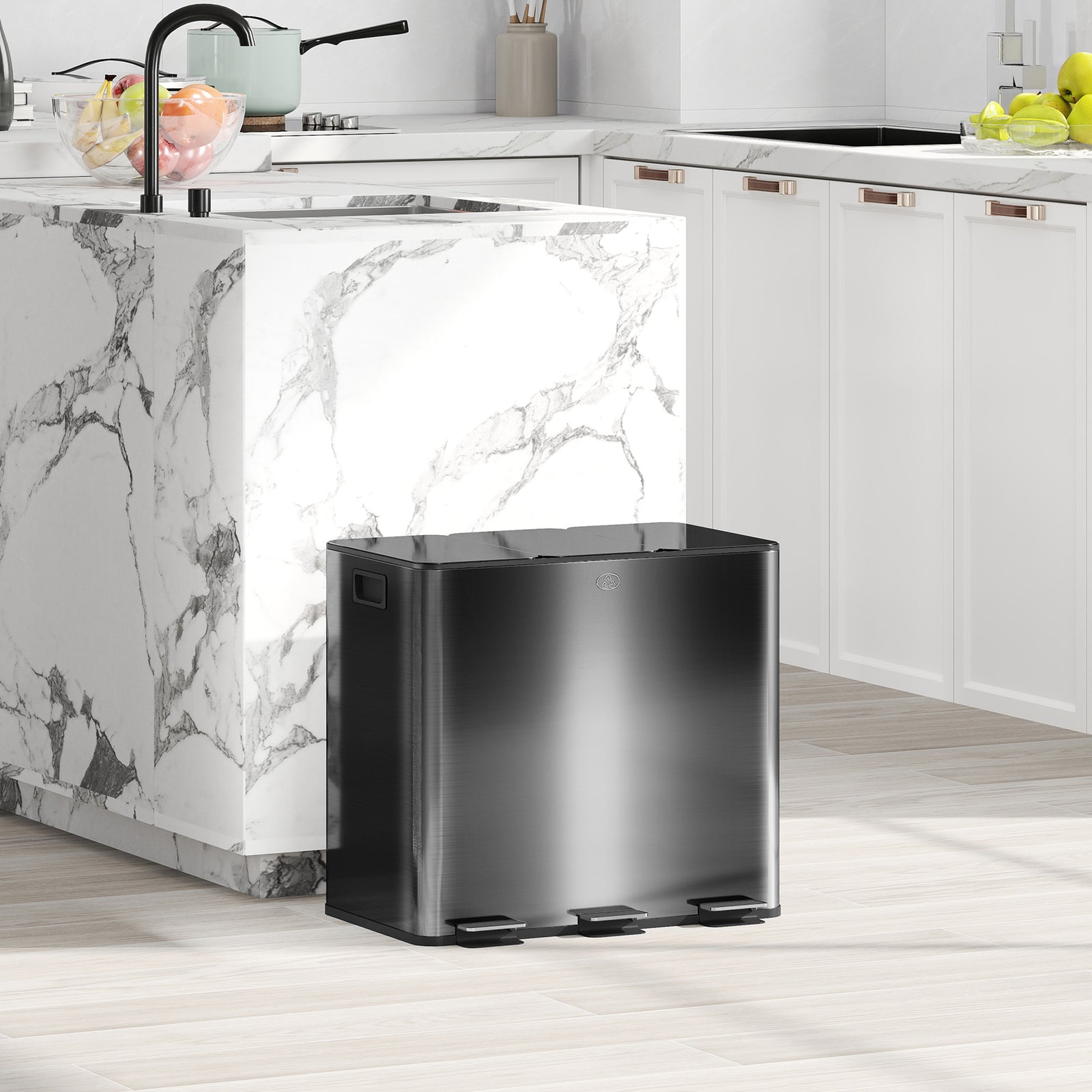 3 x 15L Pedal Bin, Steel Triple Kitchen Bin with Soft Close Lid, Removable Inner Buckets, Fingerprint-Proof, Black