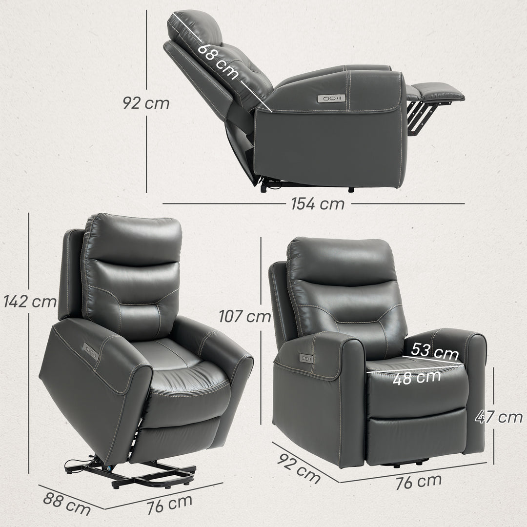 Power Lift Recliner Chair for Elderly, Overstuffed Faux Leather Riser and Reclining Chair with USB A+C Ports, Remote Control, Recliner Armchair for Living Room, Charcoal Grey
