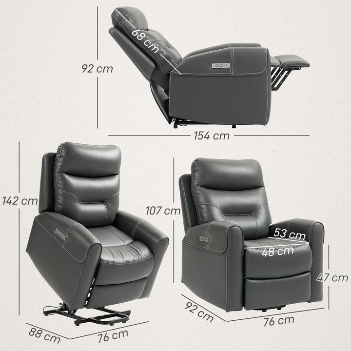 Power Lift Recliner Chair for Elderly, Overstuffed Faux Leather Riser and Reclining Chair with USB A+C Ports, Remote Control, Recliner Armchair for Living Room, Charcoal Grey