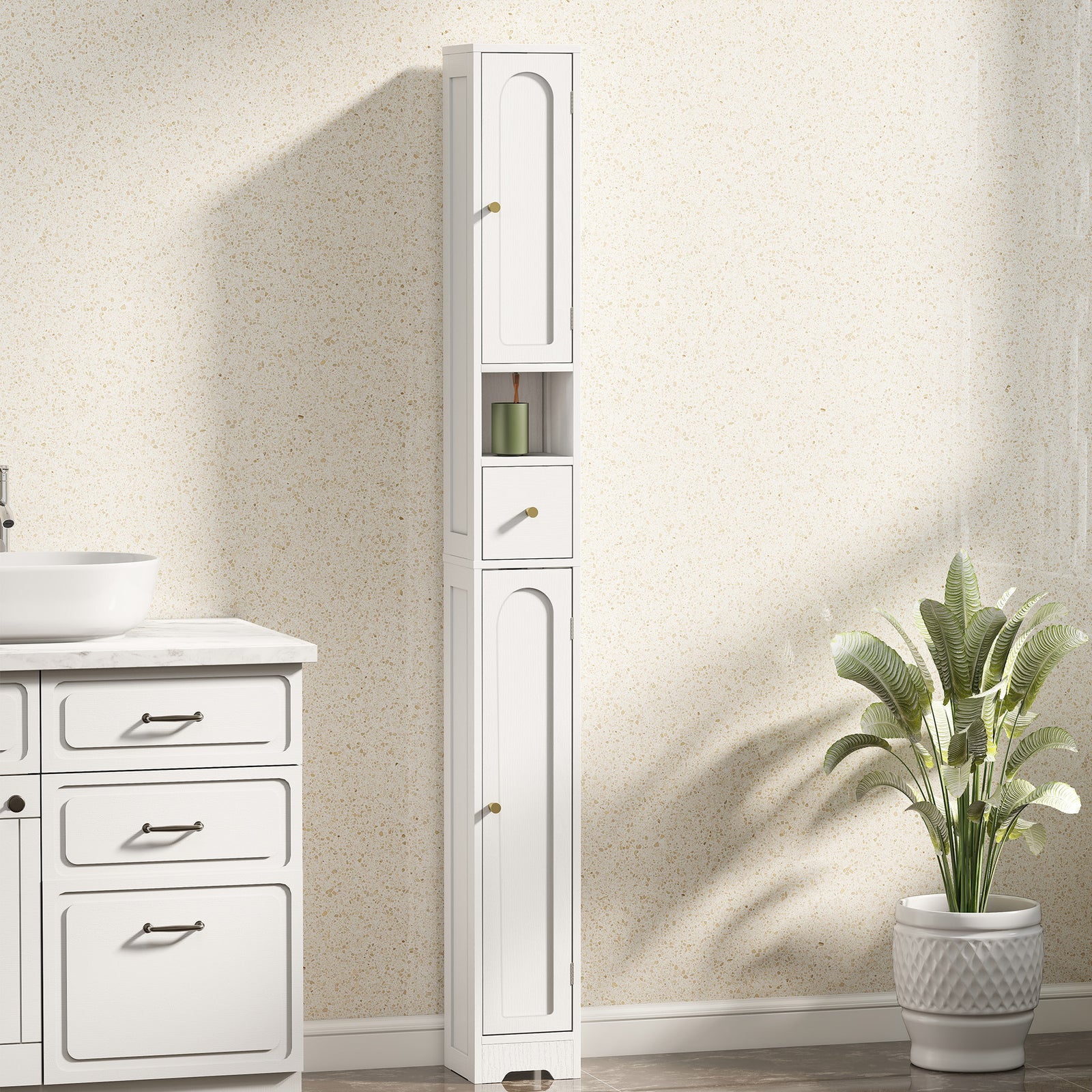 185 cm Tall Bathroom Cabinet with Arched Doors - White