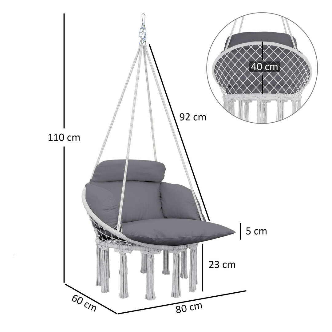 Hanging Chair Outdoor Hammock Chair with Soft Cushion, Cotton Rope Boho Style Swing Chair, Hanging Garden Swing Seat for Indoor Outdoor, Dark Grey