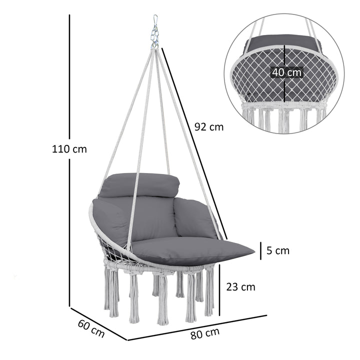 Hanging Chair Outdoor Hammock Chair with Soft Cushion, Cotton Rope Boho Style Swing Chair, Hanging Garden Swing Seat for Indoor Outdoor, Dark Grey