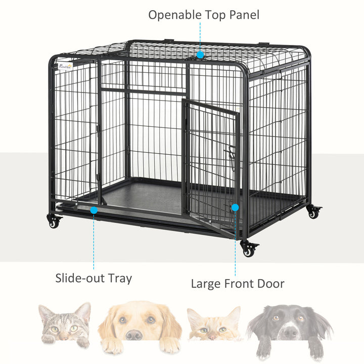 PawHut Heavy Duty Dog Crates Foldable Indoor Dog Kennel & Dog Cage Pet Playpen w/ Double Doors Removable Tray Lockable Wheels Openable Top | Aosom UK