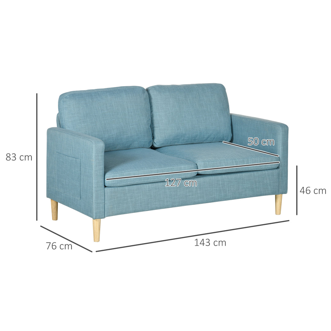 HOMCOM 143cm 2 Seater Sofa for Living Room, Modern Fabric Couch, Loveseat Sofa Settee with Wood Legs and 2 Pockets for Bedroom and Home Office, Blue